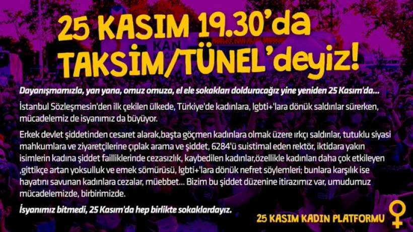 İstanbul’da kadınlar 25 Kasım günü Taksim/Tünel’de